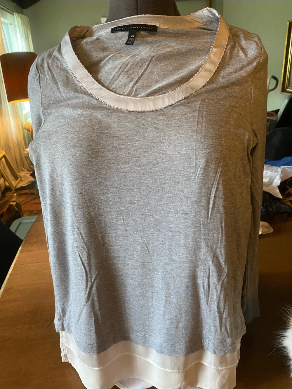White House Black Market Heather French Gray Ball Chain Trim Long Sleeve Tunic